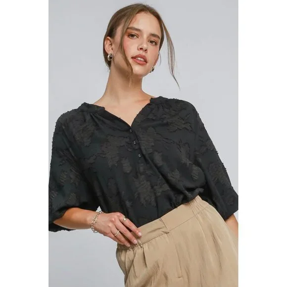 Umgee Solid Color Floral Burnout Top in Black Small - Picture 12 of 12